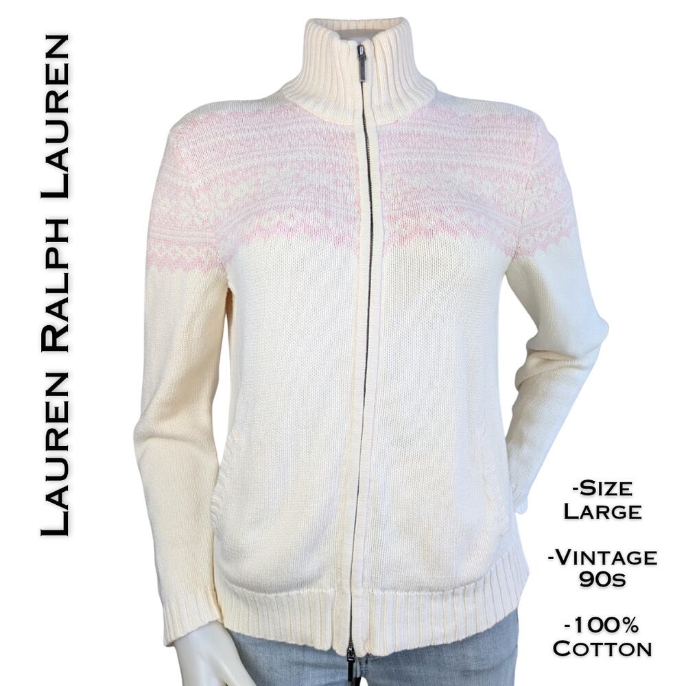 Lauren Ralph Lauren Fair Isle Zip Sweater L Cream Pink Vintage 90s Cotton Nordic